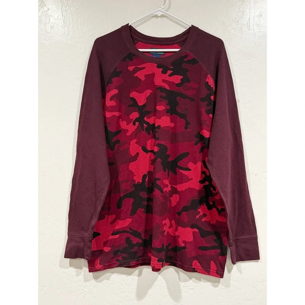 Polo Ralph Lauren Mens 2XL Red Camo Waffle Knit Thermal Long Sleeve Shirt Raglan